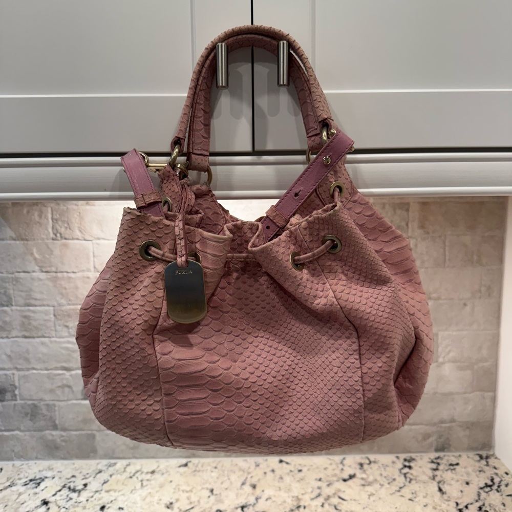 Furla Euc Python Leather Pink Hobo Drawstring Bag - image 2